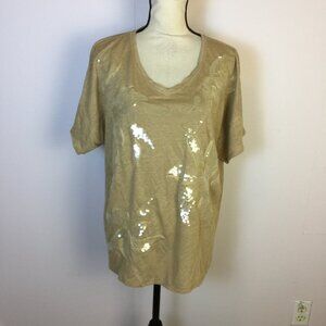 Chico's 100% Linen Knit Top Sweater Size 2 Womans L Beige Sequins Short Sleeve